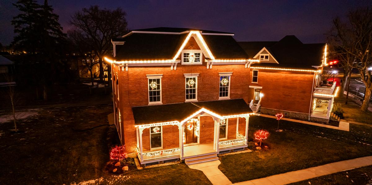 Blair House drone shot of Holiday Lights